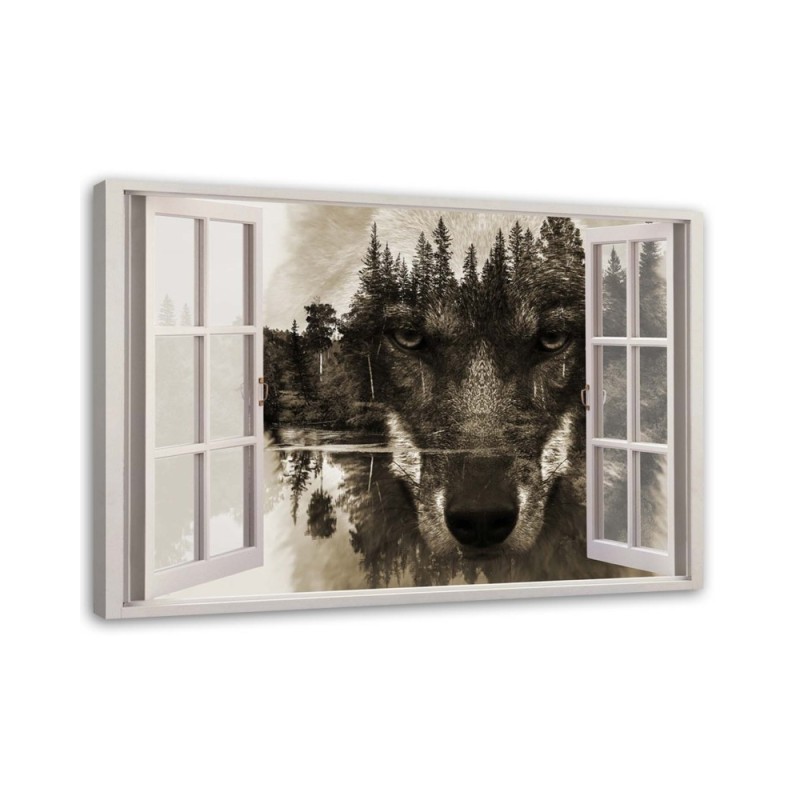 Modern Canvas painting for bedroom - Wolf window in the forest | FEEBY