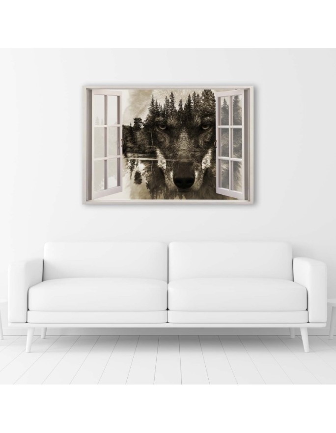 Modern Canvas painting for bedroom - Wolf window in the forest | FEEBY