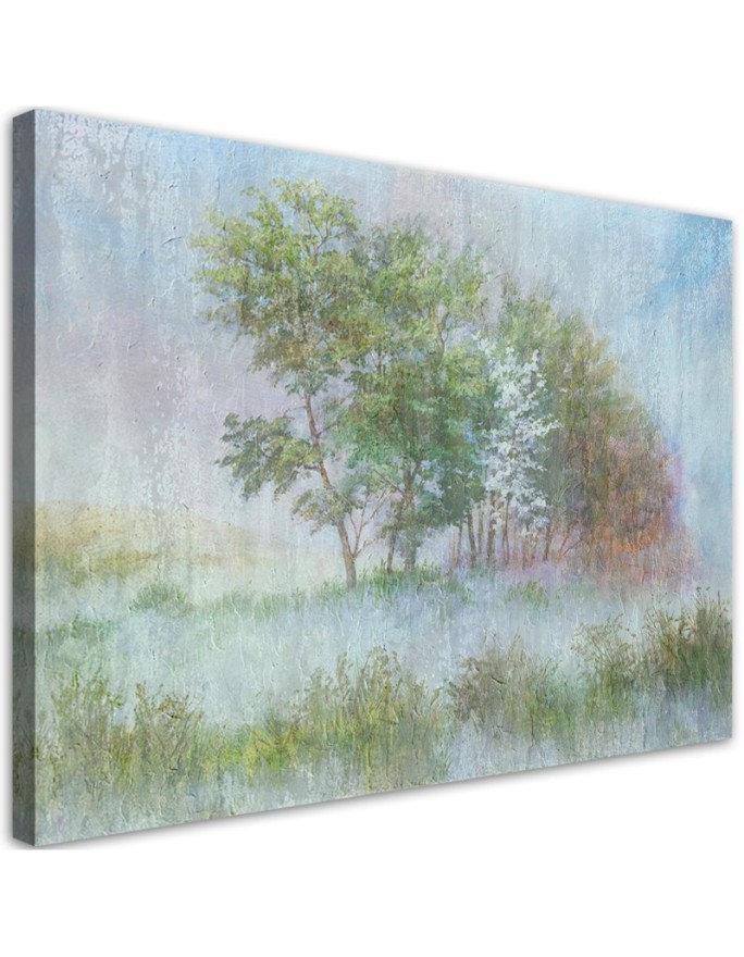Canvas painting for living room - Trees on a misty meadow | FEEBY