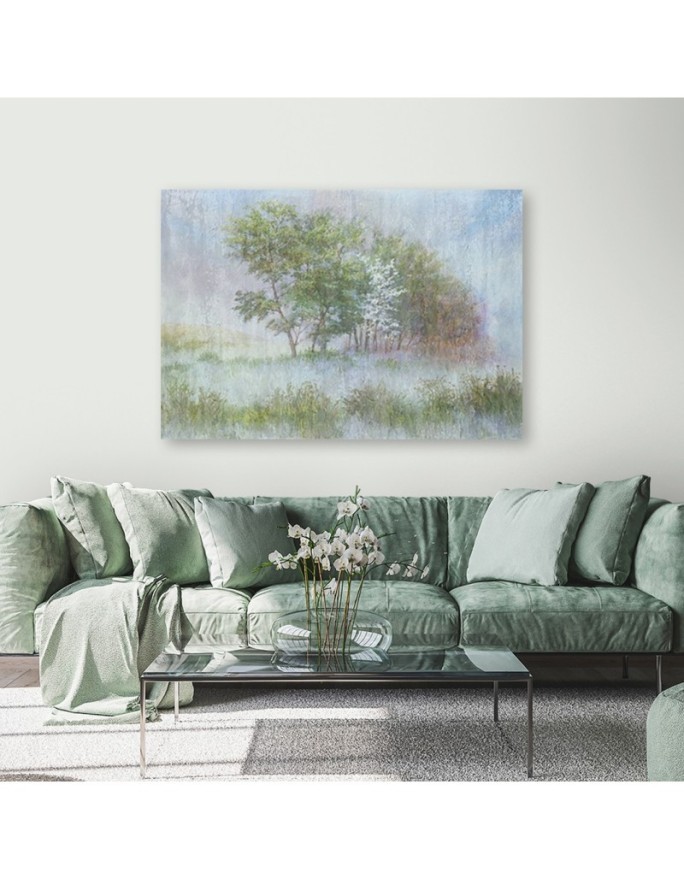 Canvas painting for living room - Trees on a misty meadow | FEEBY