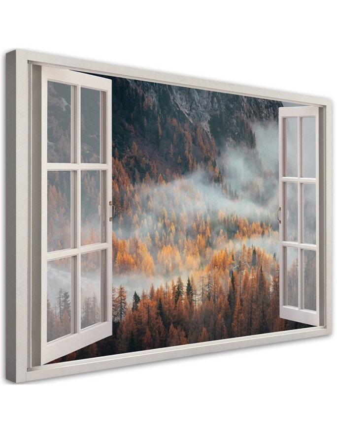 Canvas print - Window autumn mist in the mountains | FEEBY