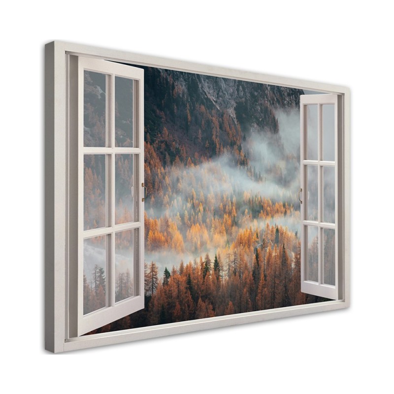 Canvas print - Window autumn mist in the mountains | FEEBY