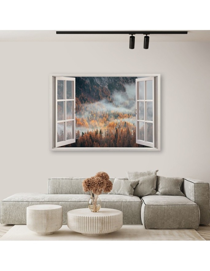 Canvas print - Window autumn mist in the mountains | FEEBY