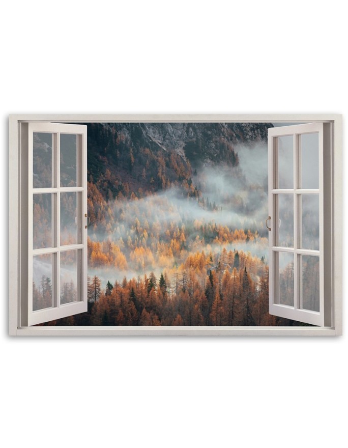 Canvas print - Window autumn mist in the mountains | FEEBY