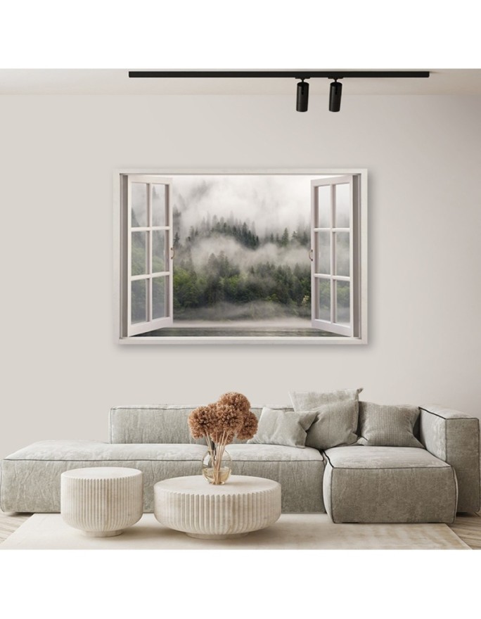 Canvas prints for living room - Window forest in mist lake | FEEBY