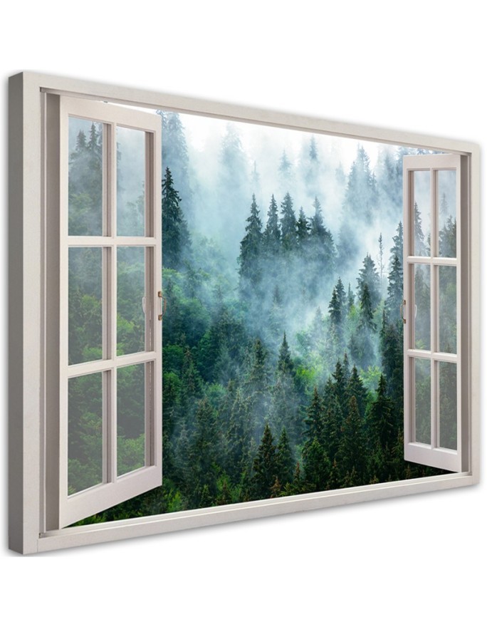 Canvas prints for living room - Window green forest in the fog nature | FEEBY