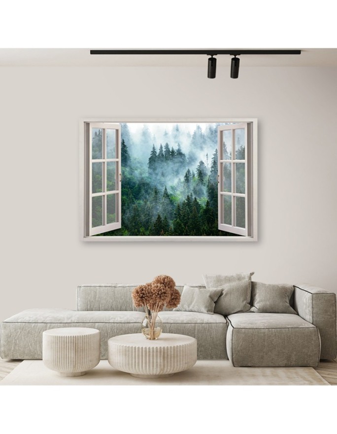 Canvas prints for living room - Window green forest in the fog nature | FEEBY