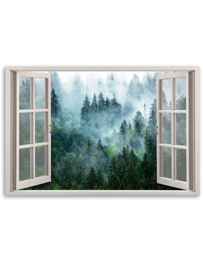 Canvas prints for living room - Window green forest in the fog nature | FEEBY