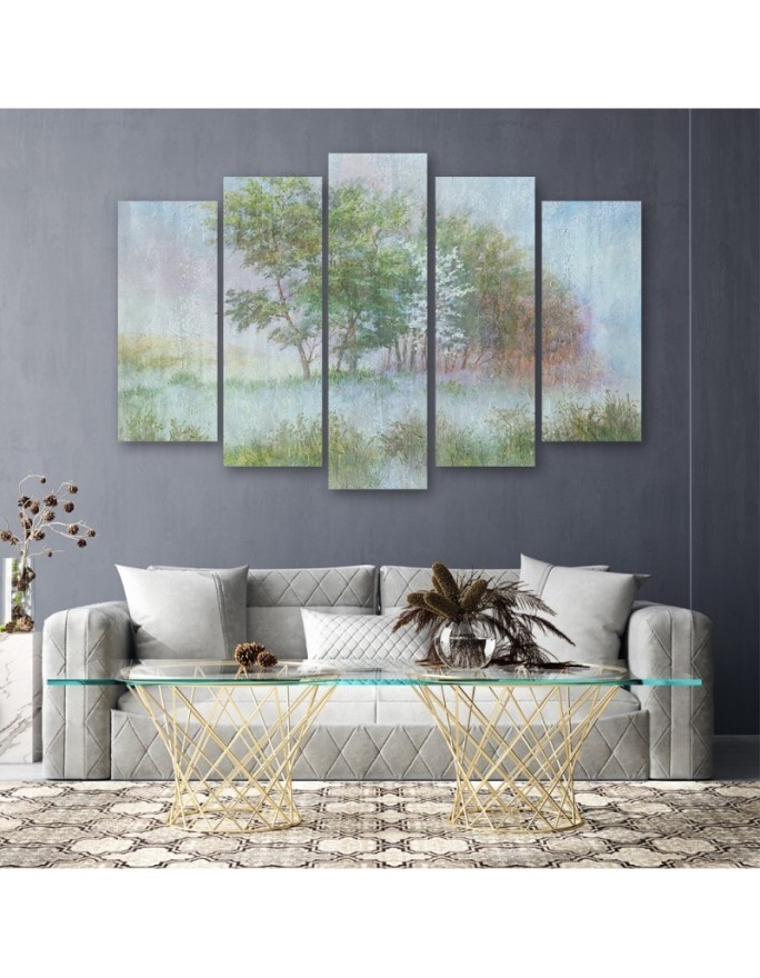 Modern painting for living room - Trees on a misty meadow | FEEBY