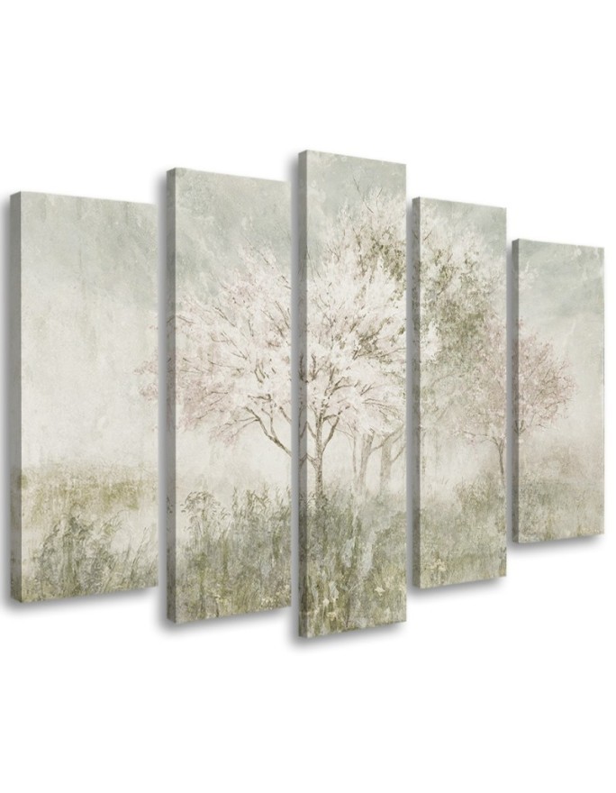 5 Piece Flowering tree in a meadow beige - Canvas painting | FEEBY