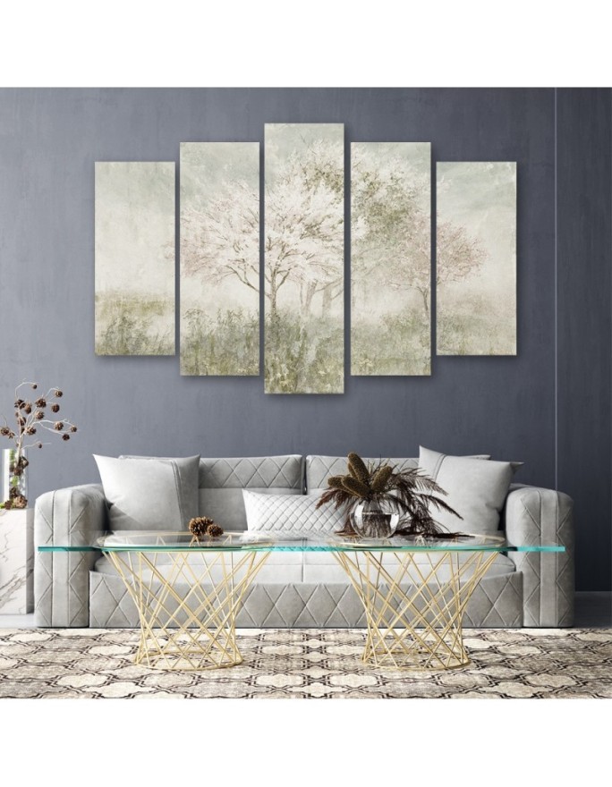 5 Piece Flowering tree in a meadow beige - Canvas painting | FEEBY