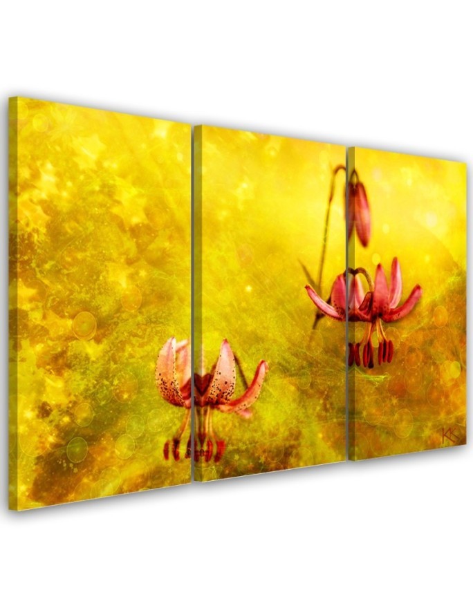 Tulips flowers on a yellow background - Multipart picture on Canvas | FEEBY
