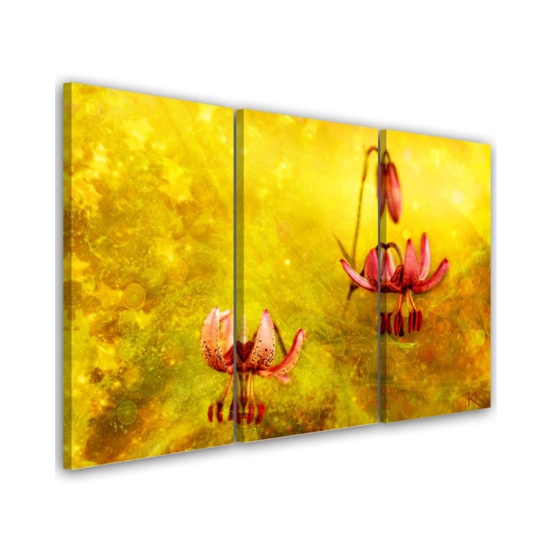 Tulips flowers on a yellow background - Multipart picture on Canvas | FEEBY