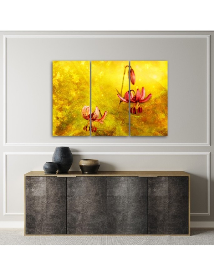 Tulips flowers on a yellow background - Multipart picture on Canvas | FEEBY
