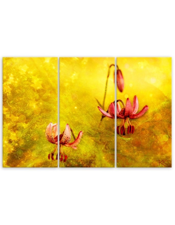Tulips flowers on a yellow background - Multipart picture on Canvas | FEEBY