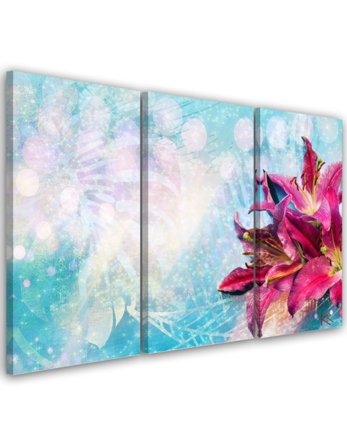 3 Piece Pink flowers on blue background - Canvas print | FEEBY