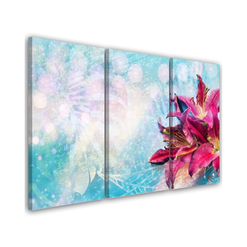 3 Piece Pink flowers on blue background - Canvas print | FEEBY