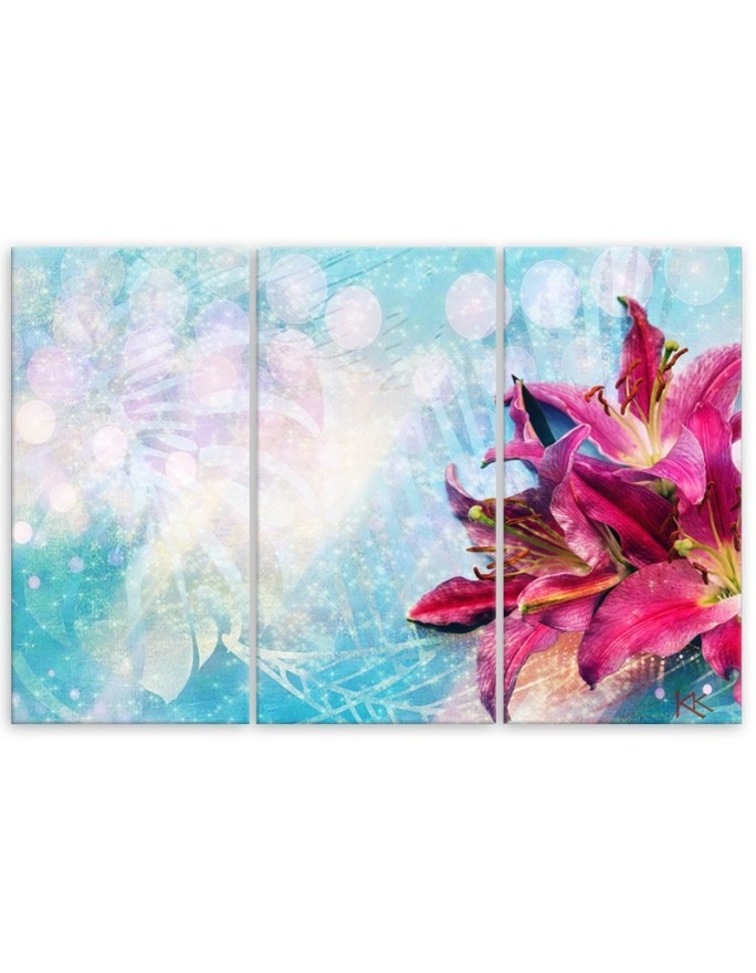 3 Piece Pink flowers on blue background - Canvas print | FEEBY