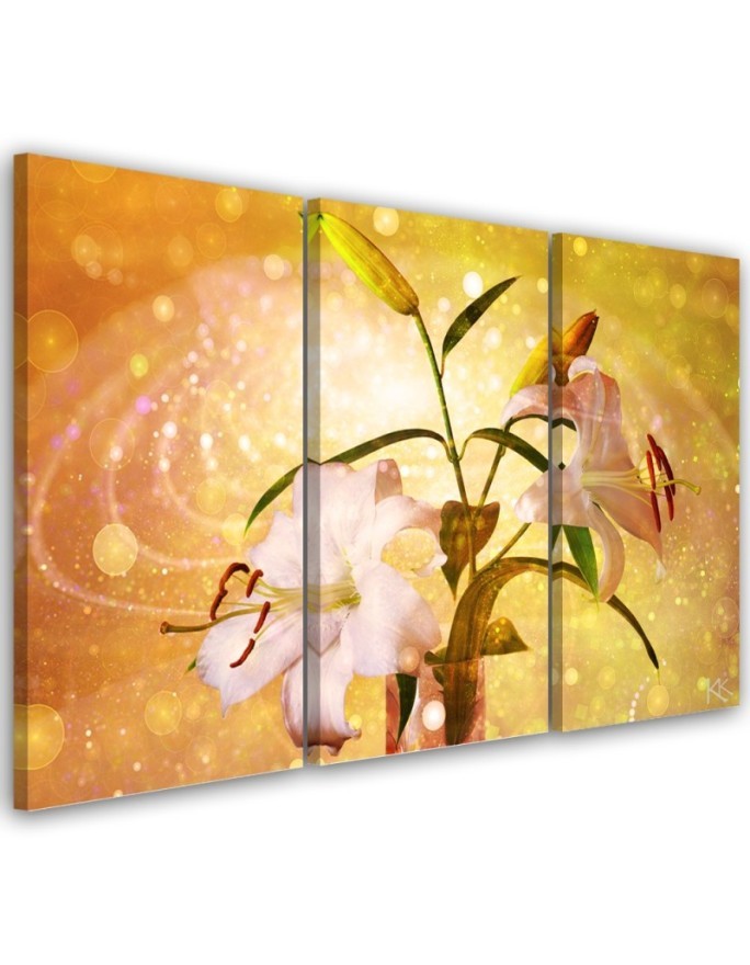 Lily on yellow background - 3-piece Canvas painting for living room | FEEBY