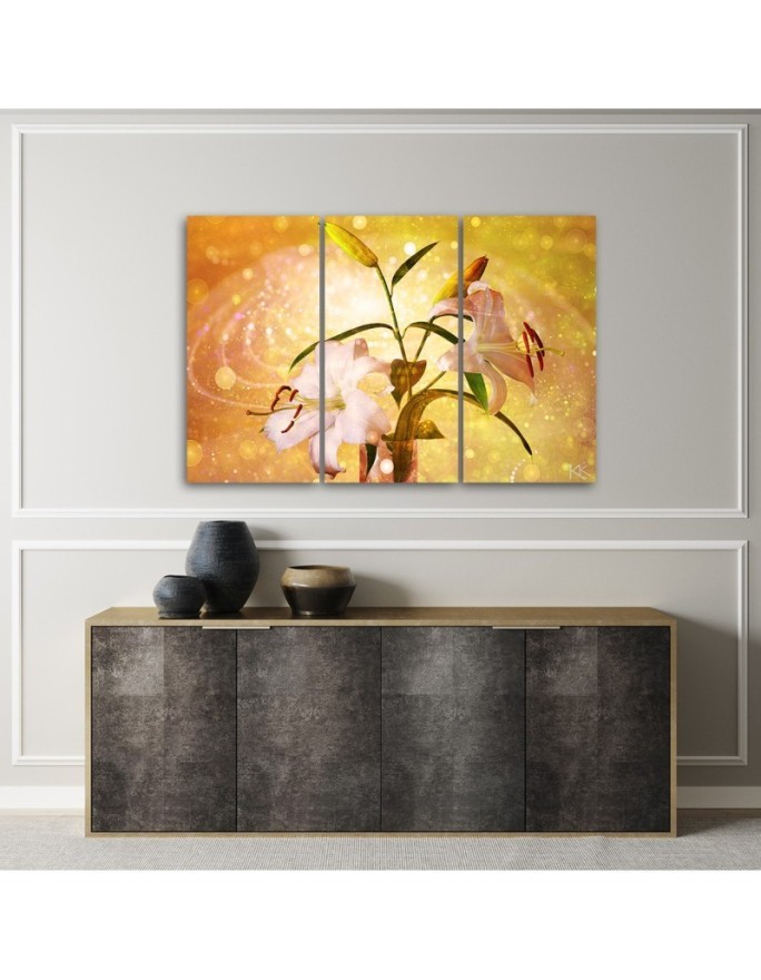 Lily on yellow background - 3-piece Canvas painting for living room | FEEBY