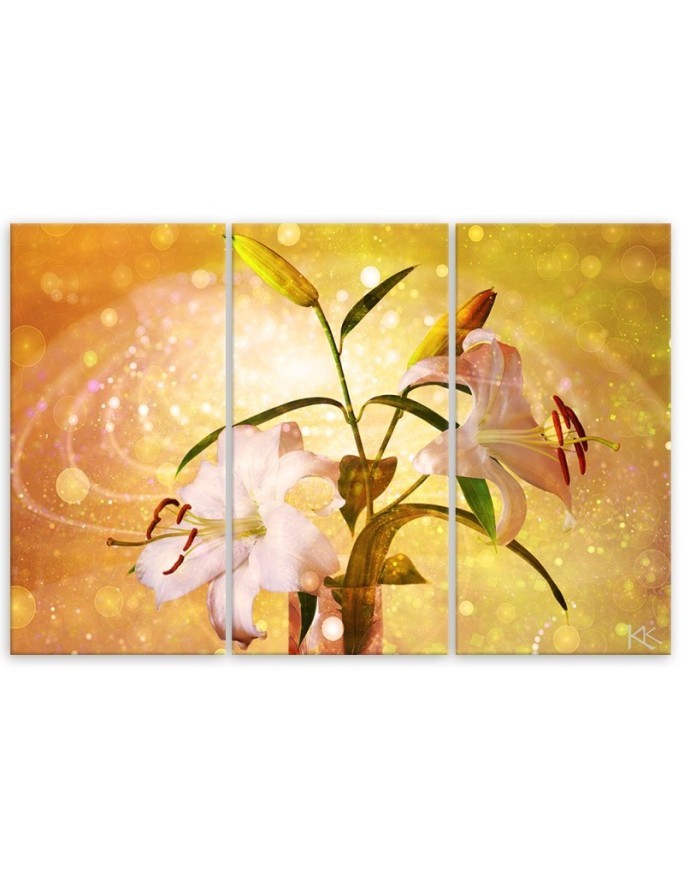 Lily on yellow background - 3-piece Canvas painting for living room | FEEBY