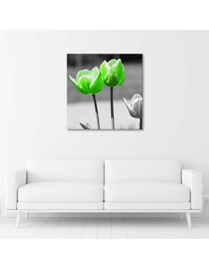 Canvas painting for living room - Green tulips in grey | FEEBY