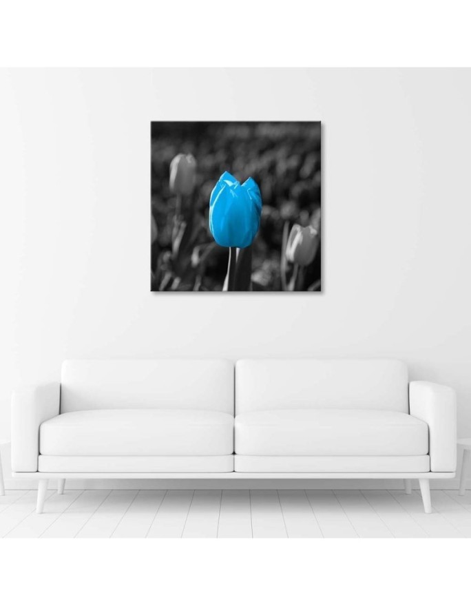 Canvas painting for living room - Blue tulip in grey | FEEBY