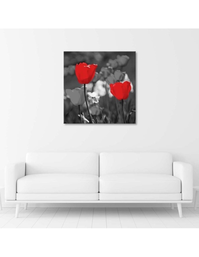Modern Canvas painting for living room - Red tulips in grey | FEEBY