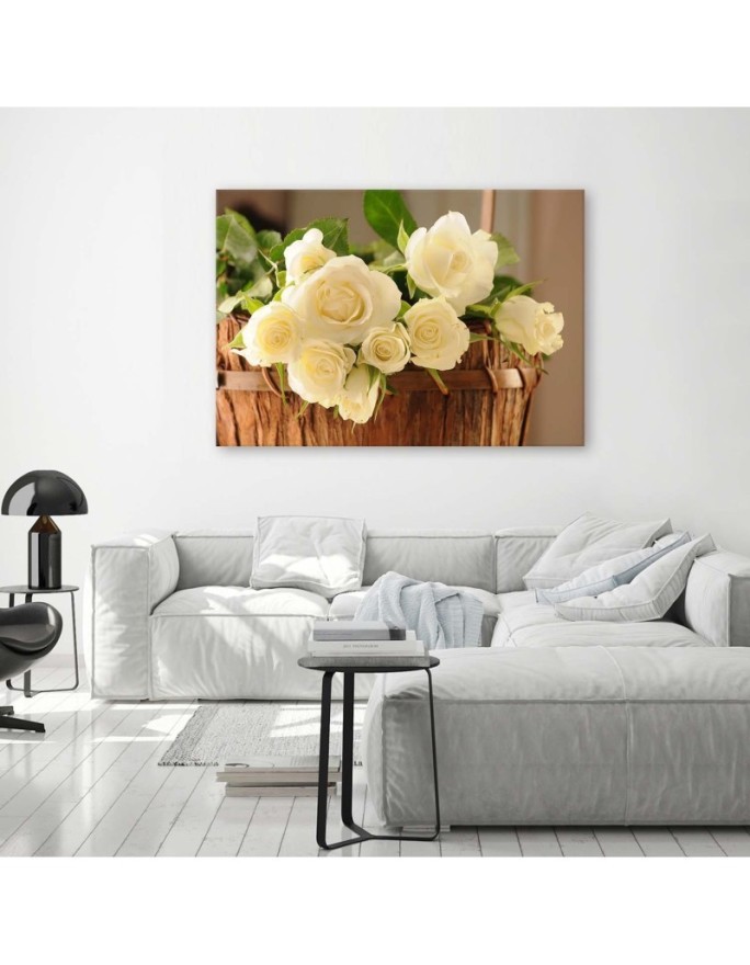 Canvas prints for the living room - Cream roses in a basket | FEEBY