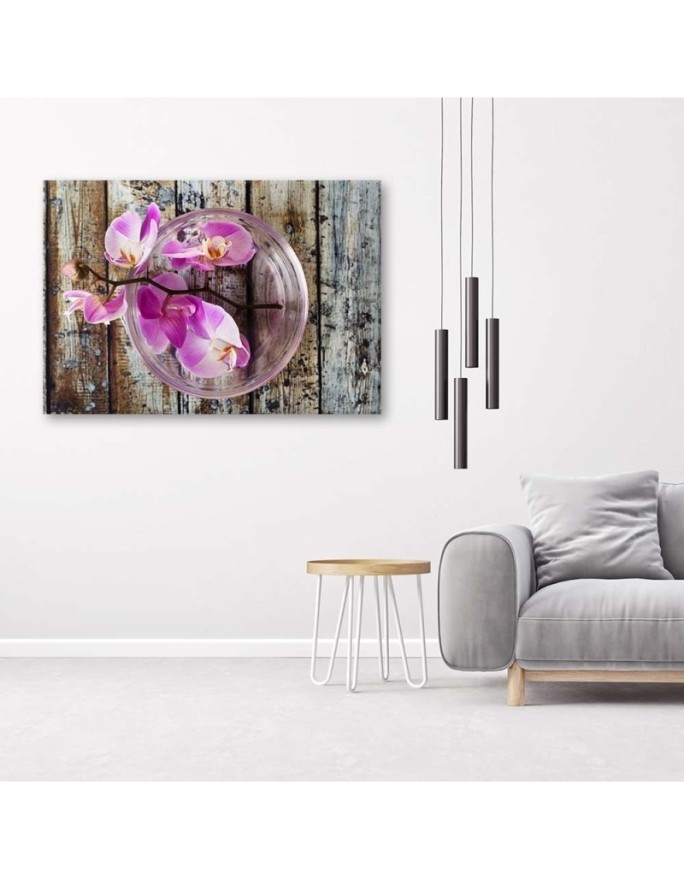 Orchid on a background of boards - Canvas print for the living room | FEEBY