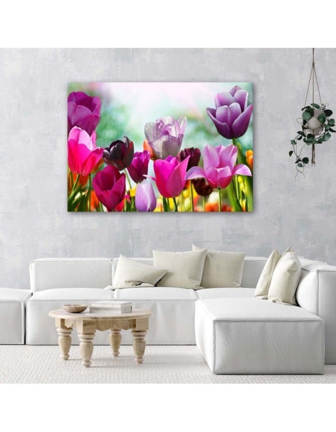 Modern Canvas painting for bedroom - Colourful tulips in a meadow | FEEBY