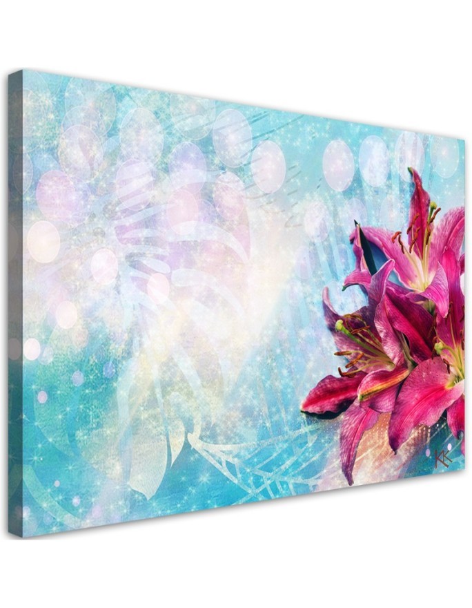 Pink flowers on blue background - Canvas painting | FEEBY