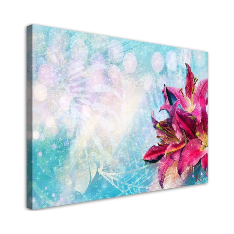 Pink flowers on blue background - Canvas painting | FEEBY