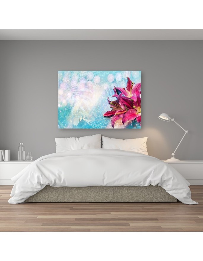 Pink flowers on blue background - Canvas painting | FEEBY