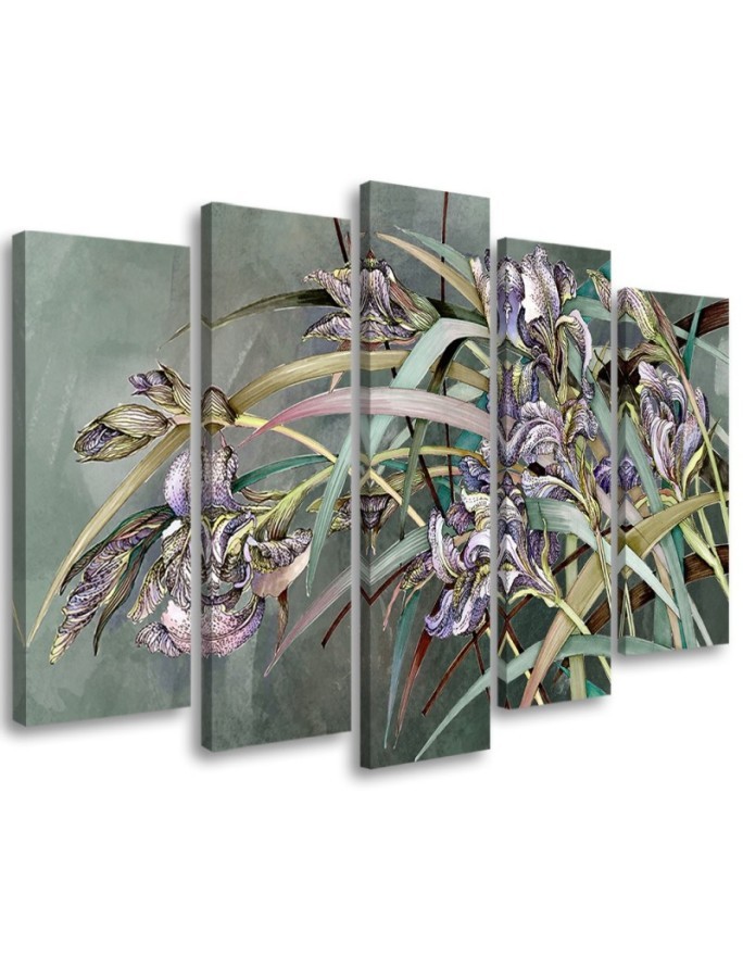 5 Piece Canvas living room painting wall art - Irises flowers in the wind | FEEBY