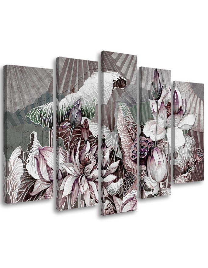 Lotus flower and fans - 5 part canvas for living room | FEEBY