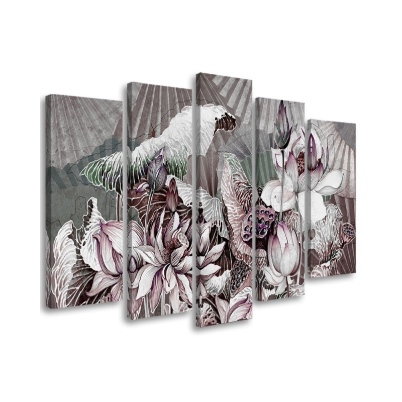 Lotus flower and fans - 5 part canvas for living room | FEEBY