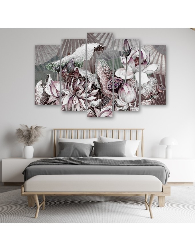 Lotus flower and fans - 5 part canvas for living room | FEEBY