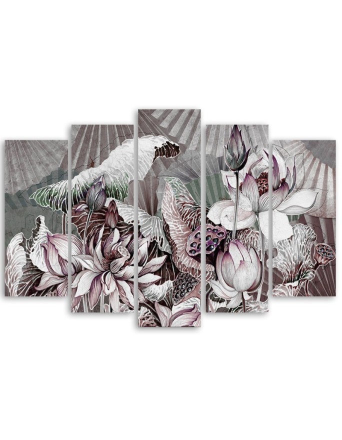 Lotus flower and fans - 5 part canvas for living room | FEEBY