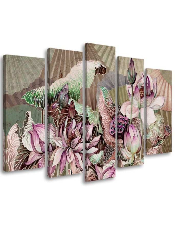 Lotus flower and fans - 5-part painting for the living room | FEEBY