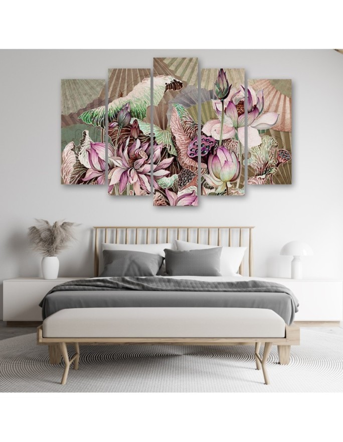 Lotus flower and fans - 5-part painting for the living room | FEEBY