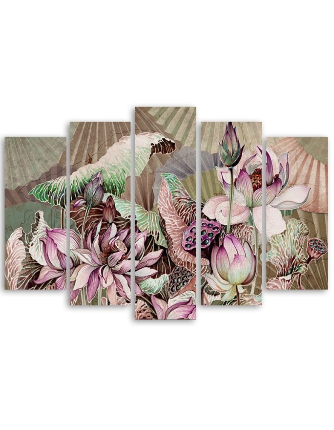 Lotus flower and fans - 5-part painting for the living room | FEEBY