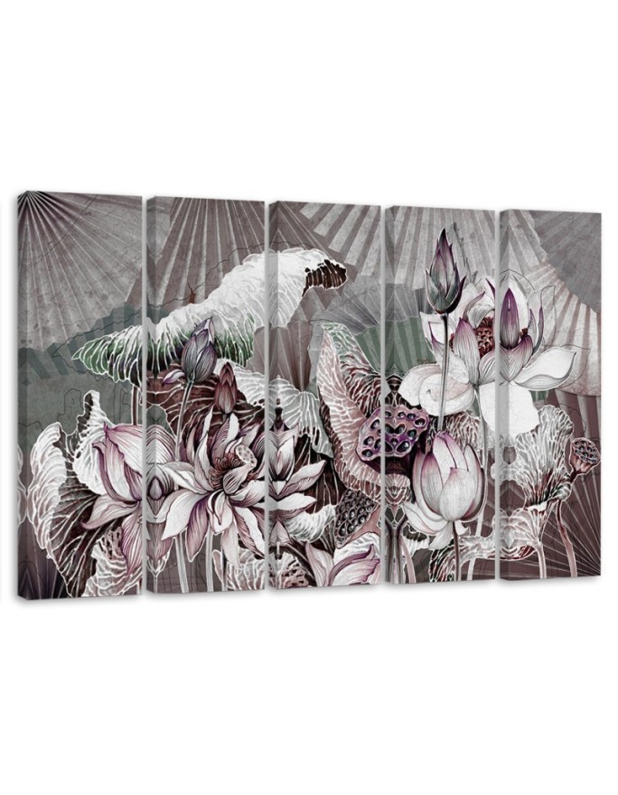 Lotus flower and fans - 5-piece painting | FEEBY