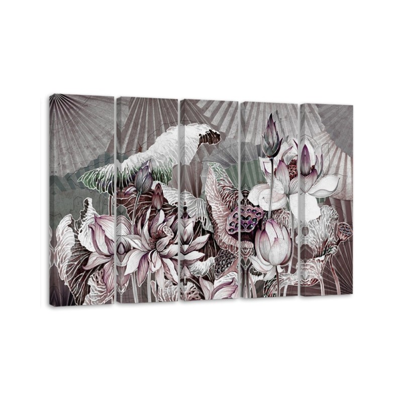 Lotus flower and fans - 5-piece painting | FEEBY