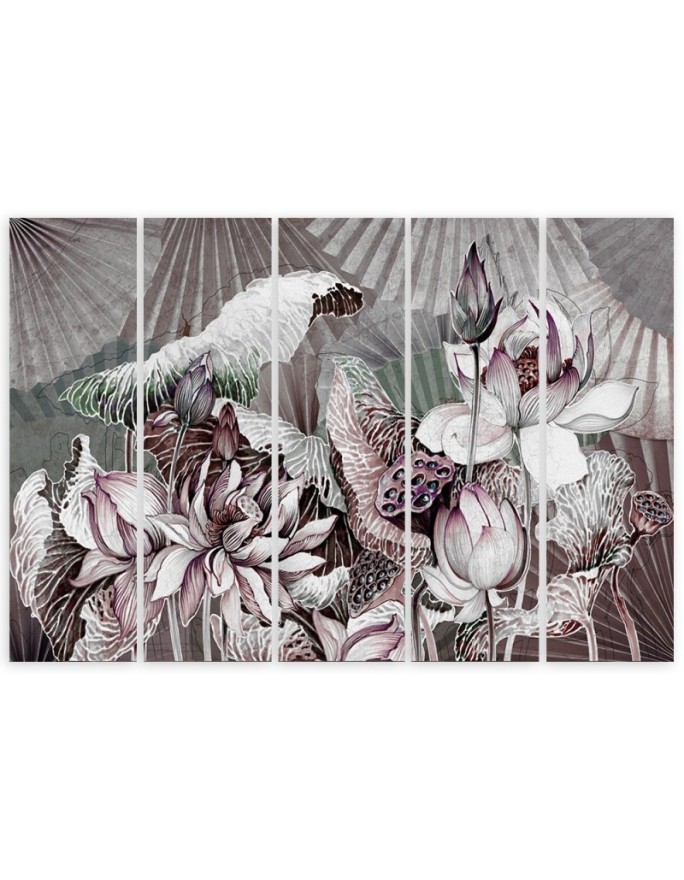 Lotus flower and fans - 5-piece painting | FEEBY