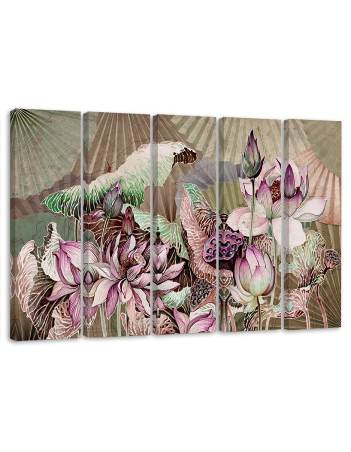 Lotus flower and fans - 5-piece painting | FEEBY