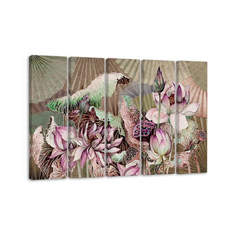Lotus flower and fans - 5-piece painting | FEEBY