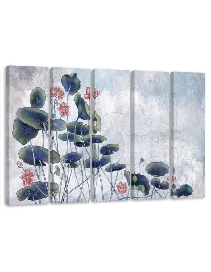 Red water lily - Pentaptych canvas painting | FEEBY