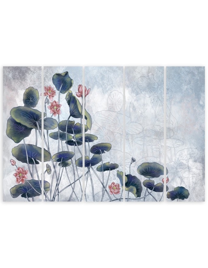 Red water lily - Pentaptych canvas painting | FEEBY