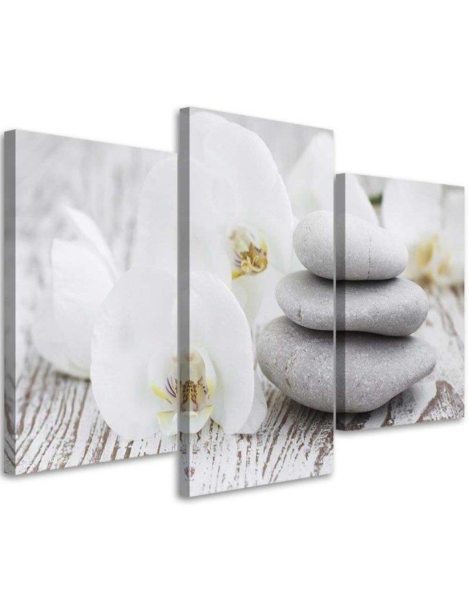 3 piece White orchid and stones - Modern painting for living room | FEEBY